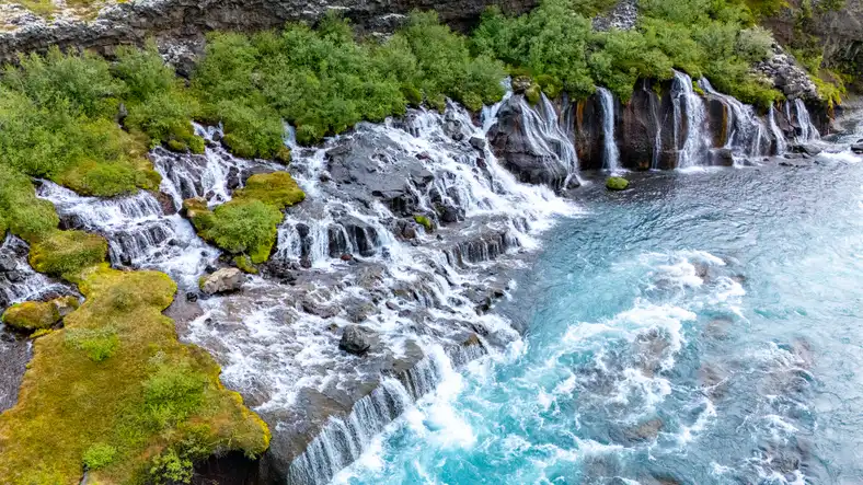 Barnafoss and Hraunfossar with cascading waterfalls