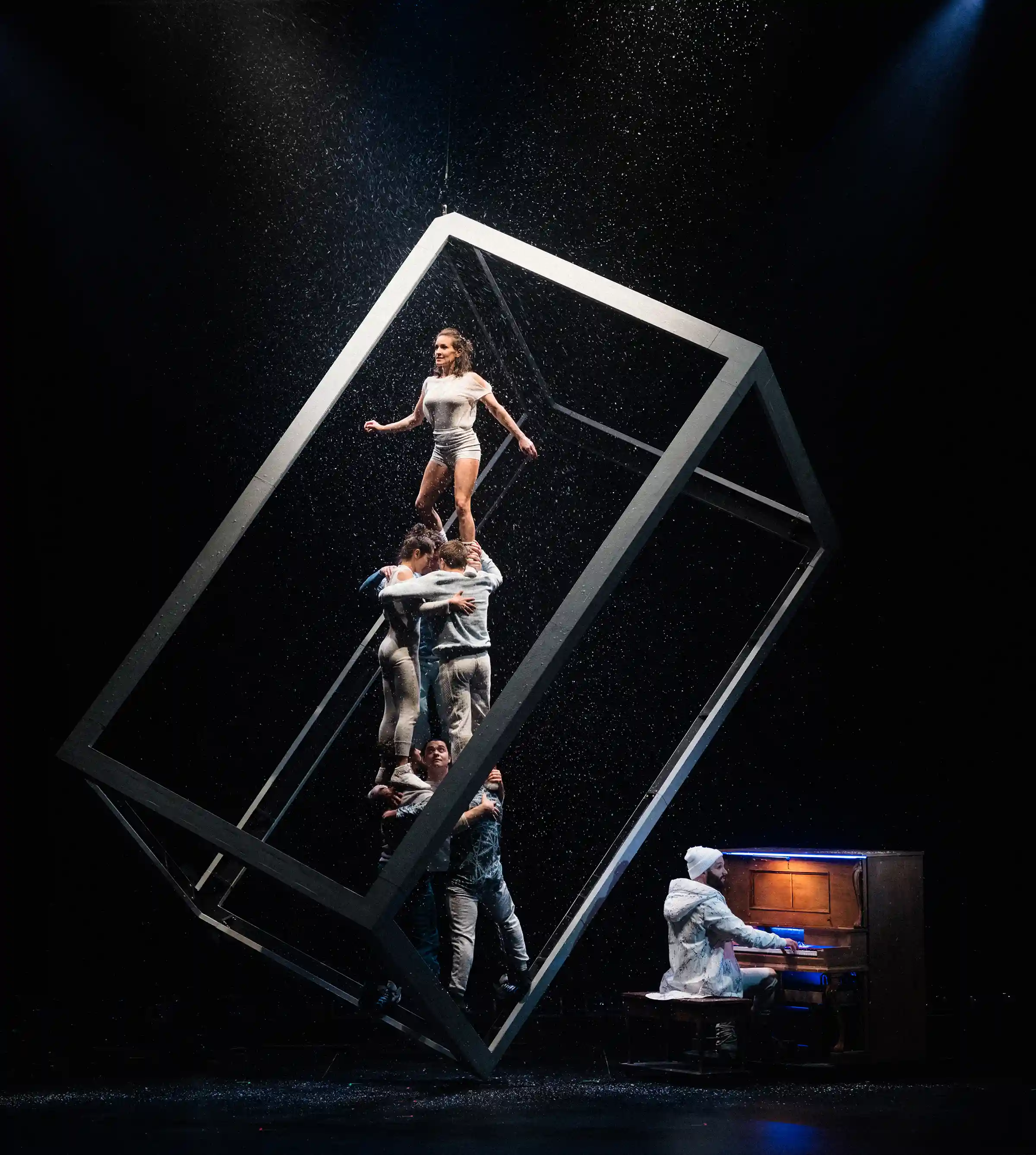 a circus act within a metallic cube