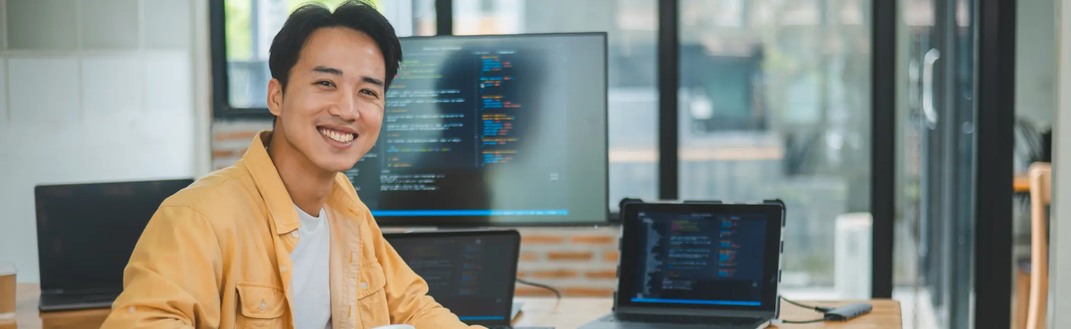 a smiling asian man with open computer screens of code in the background