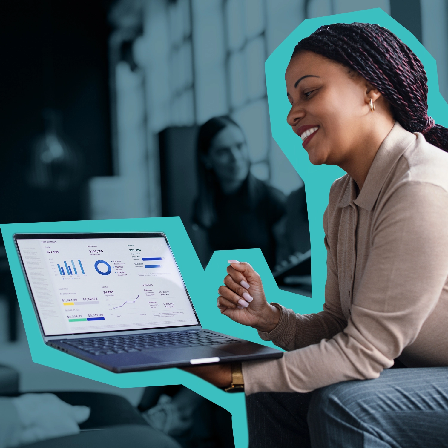 a woman smiling at a laptop with data on the screen